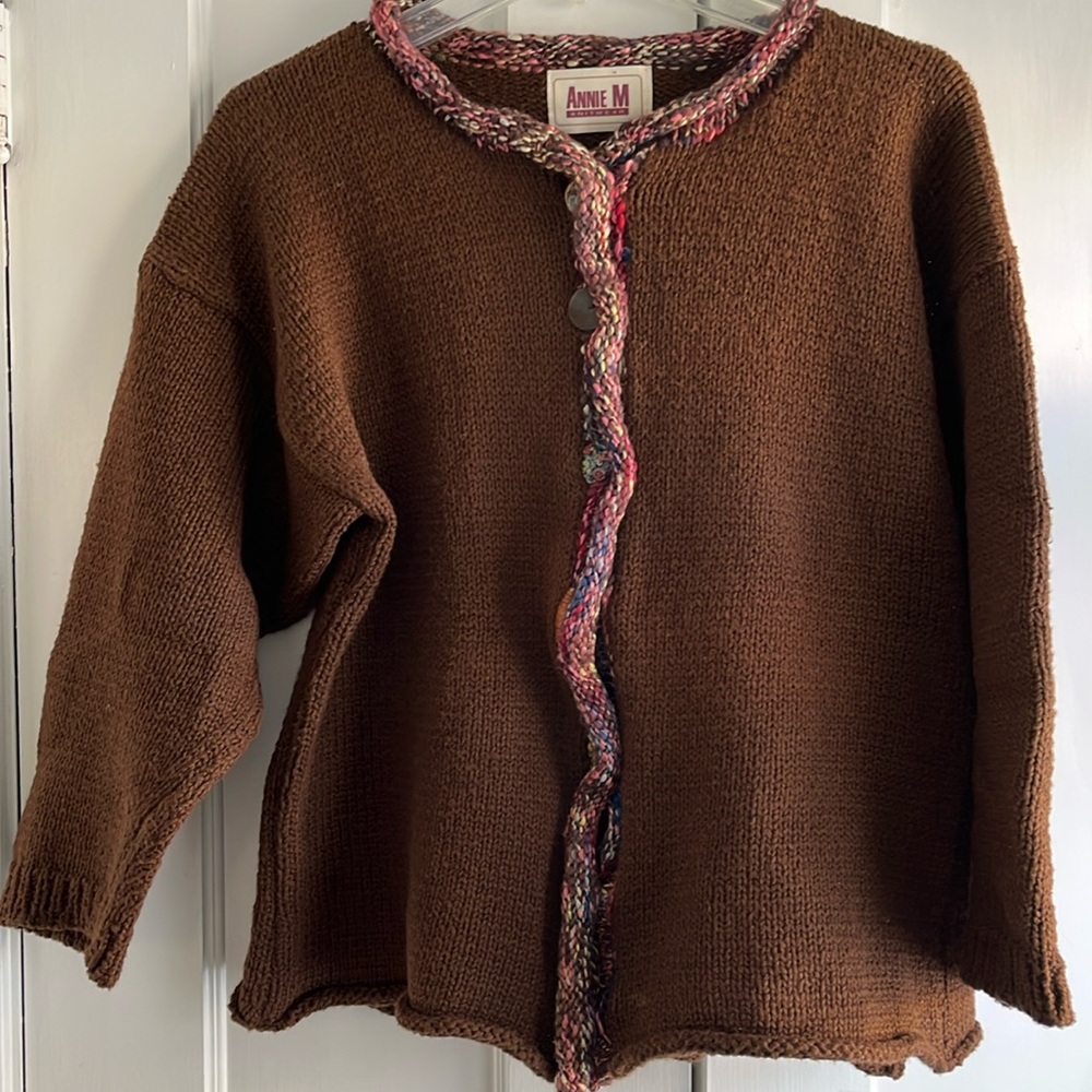 Annie M Knitwear Brown Multiple Colors Trim M Cardigan Sweater